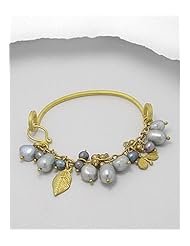 Grey (Dyed) Fresh Water Pearl Bracelet In Brass