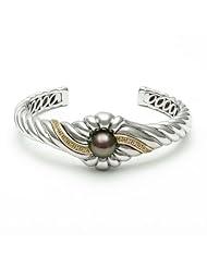 Sterling Silver Twisted Flower Open Cuff Bracelet with Black Tahitian Pearl Center and 14K Yellow Gold with Diamonds Swirl Accents