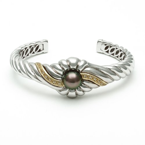 Sterling Silver Twisted Flower Open Cuff Bracelet with Black Tahitian Pearl Center and 14K Yellow Gold with Diamonds Swirl Accents