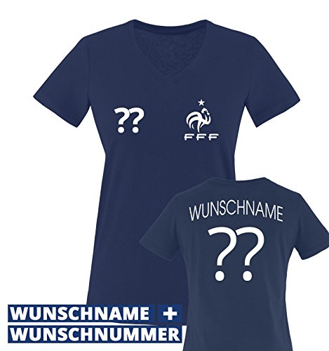 TRIKOT – FRA – WUNSCHDRUCK – Damen V-Neck T-Shirt – Navy / Weiss Gr. S
