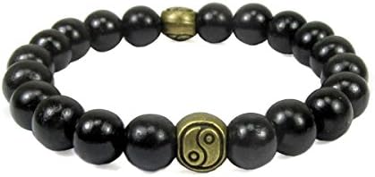 Ebony Wood Bead Stretch Bracelet w/ Antique Brass Yin Yang Accents