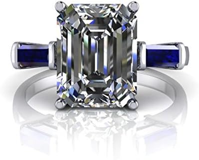 Paige Three Stone Ring Russian Brilliants Emerald Cut and Sapphire