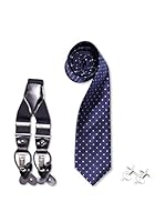 SILVIO SILVANI Pack Tirantes Lisos Grises + Corbata Azul Con Topos Celeste + Gemelos Fantasia Clave De Sol