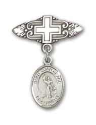Sterling Silver Baby Badge with St. Joan of Arc Charm and Badge Pin with Cross
