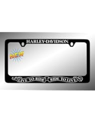 Harley Davidson Silver Script on Top Car Truck SUV License Plate Frame Black Metal - Harley Davidson "Live to Ride" "Ride to Live"