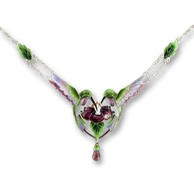 Clearly Charming Amethyst Hummingbird Sterling Silver and Enamel Necklace by Clearly Charming