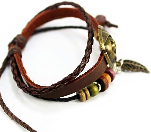Nice Buckeye Bronze-tone Flower Studded Leaf Pendant Red Braided adjustable length leather bracelet
