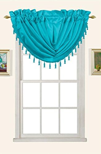 Melanie Faux Silk Rod Pocket Waterfall Valance with Tassels, 58x37 Inch (Turquoise)