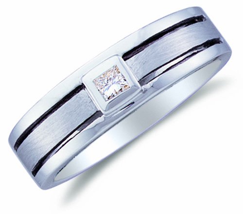 14K White Gold Diamond Satin Finish MENS Wedding Band OR Fashion Ring - Solitaire w/ Bezel Set Princess Cut Diamonds - (6mm Band Width) - (.15 cttw, G - H Color, SI2 Clarity)