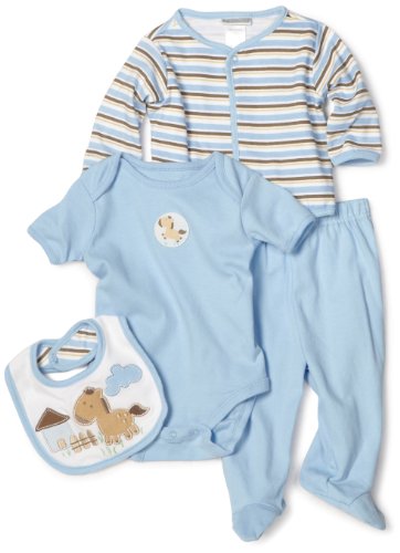 Babyworks 4 Piece Take Me Home Set (Jacket, Pant Creeper, Bib), Blue/Brown, 3-6 Months
