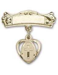 14K Gold Baby Badge with Cross Charm and Arched Polished Badge Pin