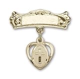 14kt Gold Baby Badge with Cross Charm and Arched Polished Badge Pin