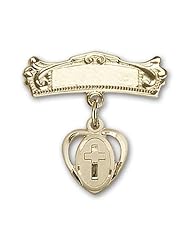 Gold Filled Baby Badge with Cross Charm and Arched Polished Badge Pin