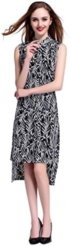 Women's Turn Down Collar Printed Sleeveless Cardigan Chiffon Shirt Dress Medium Black