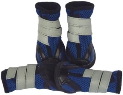 Lifeful® Small Dog Summer and Early Fall Nonslip Waterproof Breathable Mesh Fabric Hiking Boots, Hemmed with PU Leather Around Shoe-Sole, Closure By the Long, Reelable, Adjustable and Safe Reflective Velcro Strap, Comfy, Cool and Durable, Set of 4, Blue Color, Size Medium - Inner Width 2.05"