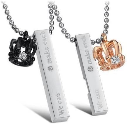 Stainless Steel Two Tone Couple Rose Gold/black Crown "We Can Make Each" Romantic Rhinestone Crystal Pendant Necklace Set His and Hers w/ Free Necklace Included