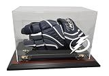 Tampa Bay Lightning Hockey Glove Display Case with Mahogany Finish Base