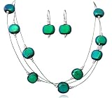 Sterling Silver Dichroic Glass Green with Blue Highlight Flat Round Bead Necklace and Earrings Set, 18