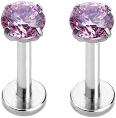 Lots of 2 Pcs 16g 3mm Round Cz Gem Lip Ring Labret Stud Steel Flat Back (Pink)