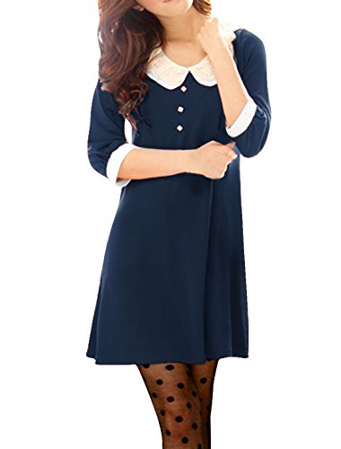 Allegra K Women Peter Pan Collar 3/4 Sleeve Short Shift Dress L Dark Blue