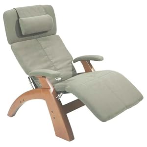 Human Touch Perfect Chair, Electric Base, with Folding Footrest ln Walnut with a Sage Micro-Suede Cover