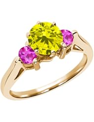0.71 Ct Round Canary Diamond Pink Sapphire 18K Yellow Gold 3-Stone Ring