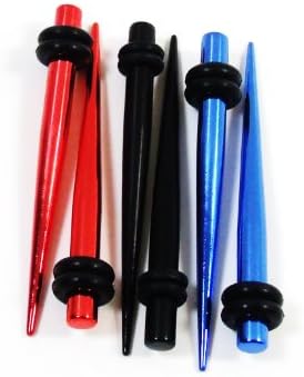 3-pairs of Ear Stretcher 8g- 316l, Titanium Plated Taper Stretching Kits, with Double O-rings Colors: Black, Red and Blue.