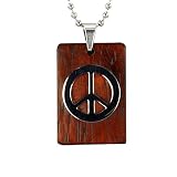 Stainless Steel Natural Redwood Peace Sign Rectangular Pendant Necklace