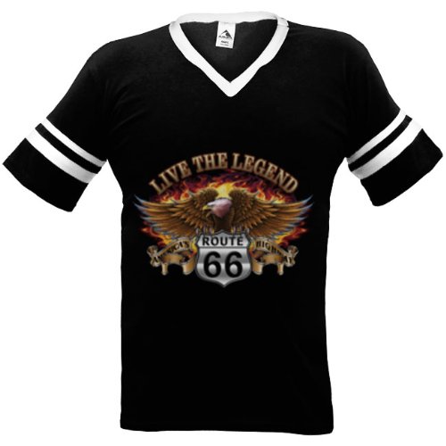 Live The Legend Route 66 Mens Ringer T-shirt, America's Highway Rte 66 Eagle Flames Mens V-Neck Tee Shirt, Medium, Royal/White