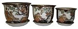 Porcelain pots / planters set of 3 - hand painted gold filigree work, birds and flowers design