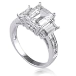 Sterling Silver Ring 3-Stone Emerald Cut Cubic Zirconia CZ Ring - Women's Valentine Engagement Ring Size 7