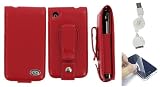 2n1 Combo Apple iPhone 3G - Red Premium Flip Leather Case with Rotating Belt Clip - Bundled with Screen Protector and Retractable USB Data Sync and Charge Cable (Not Compatible with 1st Generation iPhone)