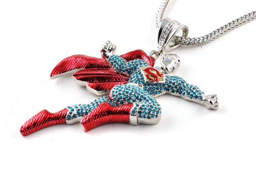  Rhinestone Pave Flying Superman Pendant w/Franco Chain Necklace Silver