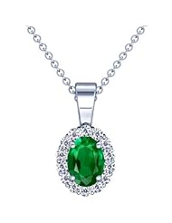 14K White Gold Oval Cut Emerald And Round Diamond Pendant