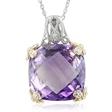 Checkerboard Natural Amethyst Necklace Pendant in Sterling Silver and 14k Gold , 9.70 cttw, Diamond Accented