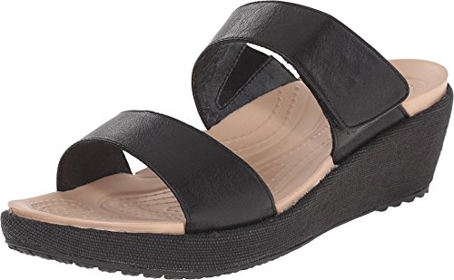 crocs Women's A-Leigh 2 Strap Mini W Wedge Sandal, Black/Black, 7 M US