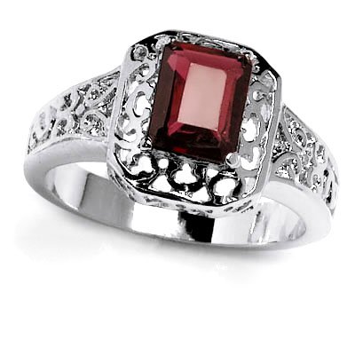 Large and Gorgeous Solid Sterling Silver Rhodium Plated Ring with Rectangular Shaped Garnet Semi Precious Center Stone