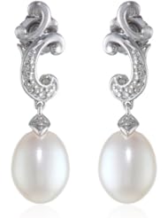Sterling Silver Freshwater Cultured Pearl and Diamond Drop Earrings