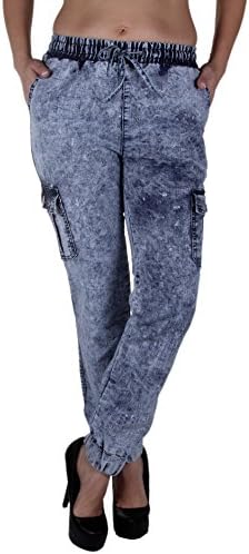 JFP1406P - LAVO Jeans - Women Plus Size Cargo Stretch Denim Jogger Capri Pants in Acid Washed Blue Size 2XL