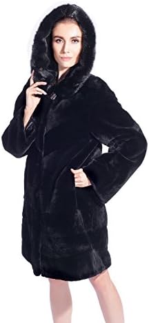 QDFUR Women's Hooded Coat With Rex Rabbit Slim Long Overcoat Mink Fur Trimming XL Black