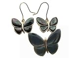 Black Mother Of Pearl Pure Butterfly Earrings and Pendant Set, 14k Gold