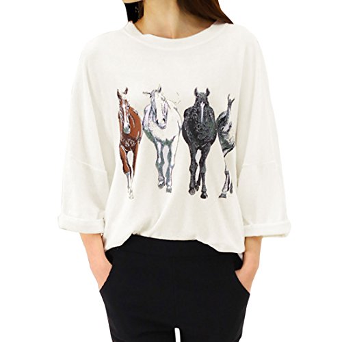 Allegra K Women 3/4 Batwing Sleeve Horse Print Loose T-shirt Tops