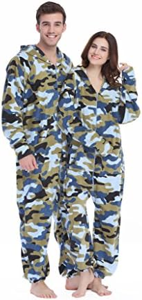 Xmas Sky Women's & Men's Hooded Fleece Onesie Pajamas Navy Camo Size US L