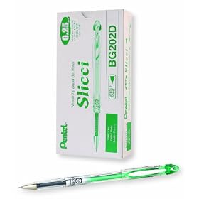 Pentel Arts Slicci 0.25 mm Extra Fine Gel Pen, Green Ink, Box of 12 (BG202-D)