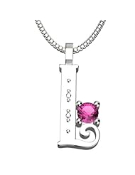 Sterling Silver Letter I - October Pink Tourmaline Birthstone 18 Inch Necklace