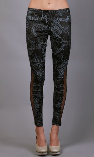 FORLANI Text Print Side Fishnet Leggings Black
