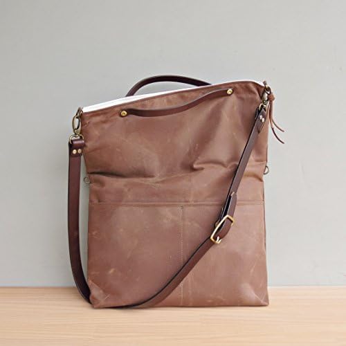 Handcrafted Convertible Waxed Canvas Foldover Tote with Leather Strap in Saddle Brown