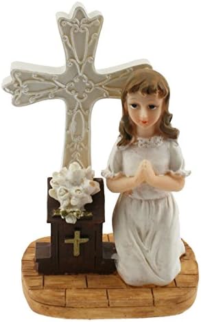 Kneeling Girl Next to Cross Communion Cake Top or Favor