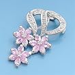 Sterling Silver Pendant with Ribbons, Clear CZ and Pink CZ Flowers - 52 mm Height