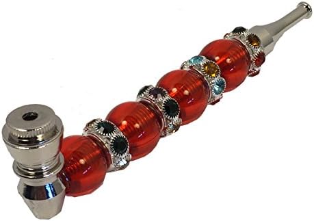 Artistic Clear Bead 6 Inch Hand Smoking Tobacco Pipe with Cover Blue or Red (Red)
